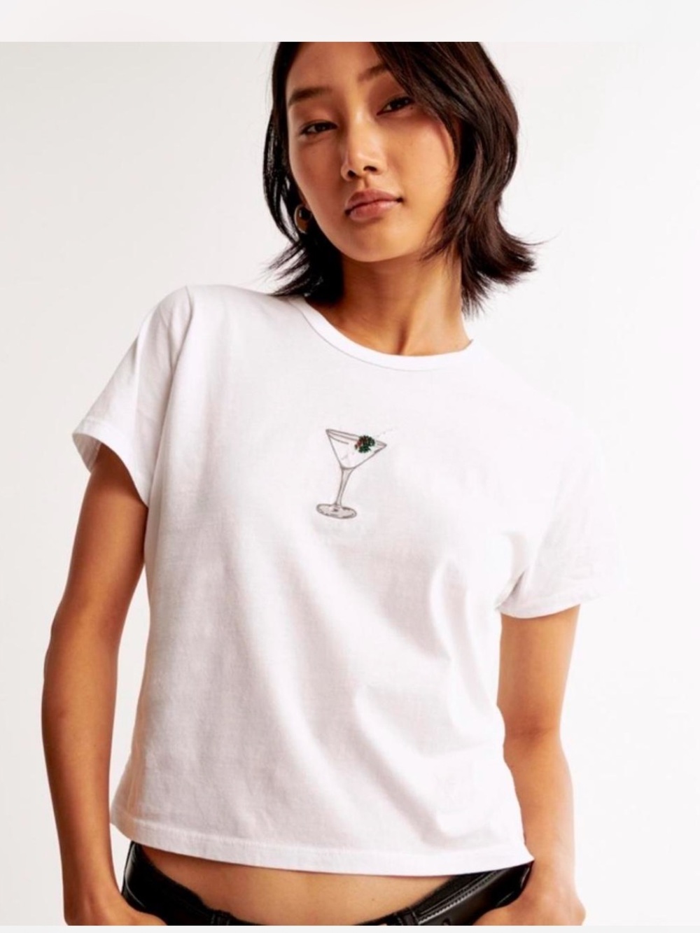 Abercrombie and Fitch Skimming White Tee with Martini Glass Embroidery